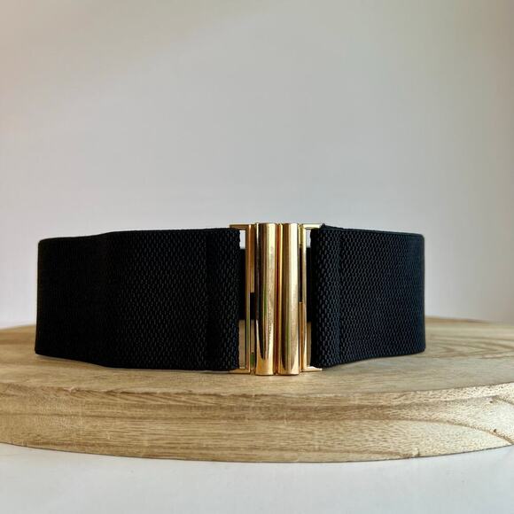 Black Thick Wide Stretchy Golden Slide Buckle Belt Size Small - Picture 8 of 8